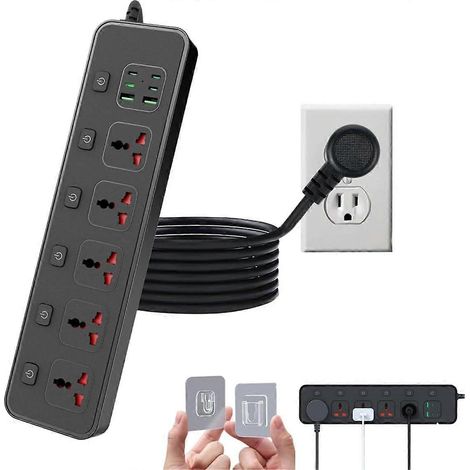 Multiprise plate avec interrupteur individuel, rallonge universelle de 1,8 m, 5 prises et 2 ports USB (dont 4 USB-C), puissance maximale 3000 watts, 110-240 volts, prises multiples. (1/5)