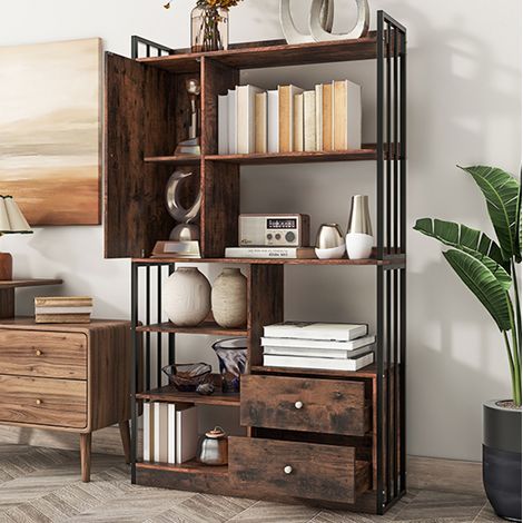 Librería de 6 niveles con puertas y cajones, 100 x 30 x 173,5 cm, negro y marrón HAVRYA (1/5)