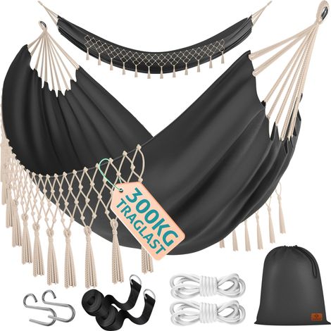 KESSER® Hängematte 300kg belastbar 320x150cm max. Belastbarkeit 300 kg 1-2 Personen atmungsaktiv Fransen wetterfest Camping Garten Tuchhängematte Anthrazit