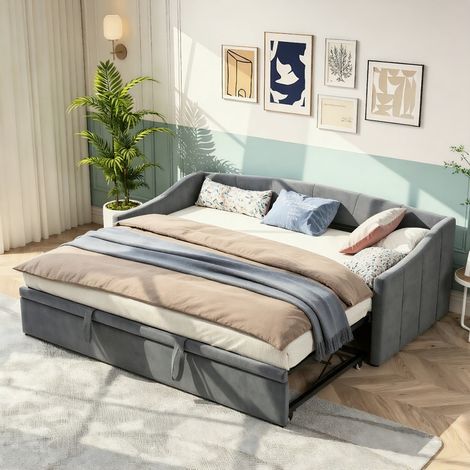 Canapé-lit gigogne 90/180x200 cm - Velours doux et confortable - Structure solide - Gain de place - Transformable facilement - Pour salon studio et chambre d’amis - Gris