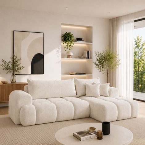 EVELIA - Canapé d'angle convertible 4 places en tissu haute résistance - 265 cm - Beige (1/4)