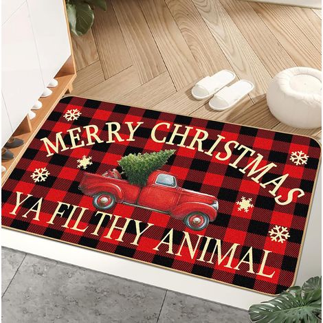 Tapis de porte de Noël à carreaux et motif camion rétro - Tapis de bienvenue festif pour l'hiver, dos en caoutchouc antidérapant, tapis fin en lin pour entrée intérieure et extérieure, 51 x 81 cm (1/5)