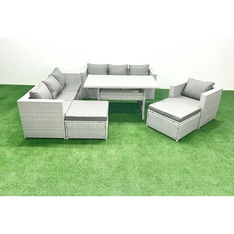 Fimous 7 Pieces Outdoor Rattan Sofa Set with Cushions Patio Garden Furniture Sets with Armchair Dining Table 2 Big Footstools (1/5)