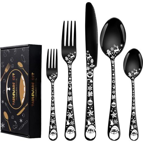 Ménagère Noël 20 Pièces, Acier Inoxydable, Motif de Noël, Compatible Lave-Vaisselle, Noir (1/5)
