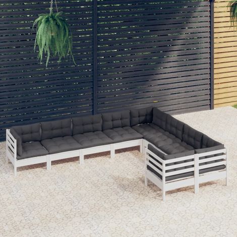 vidaXL Set Divani da Giardino 9 pz con Cuscini Bianchi Legno di Pino (1/5)