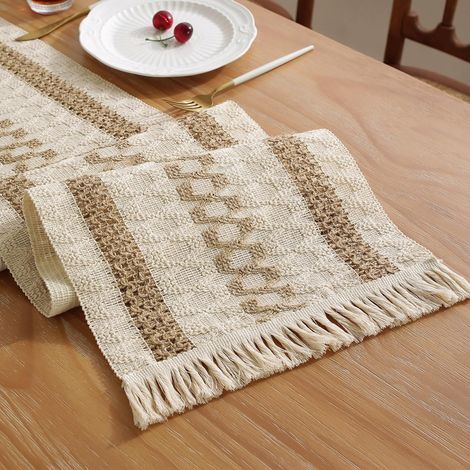 Chemin de table bohème avec pampilles 30,5 x 200cm de long Crème et marron Style rustique Avec pompons Pour maison, cuisine, vacances (1/5)