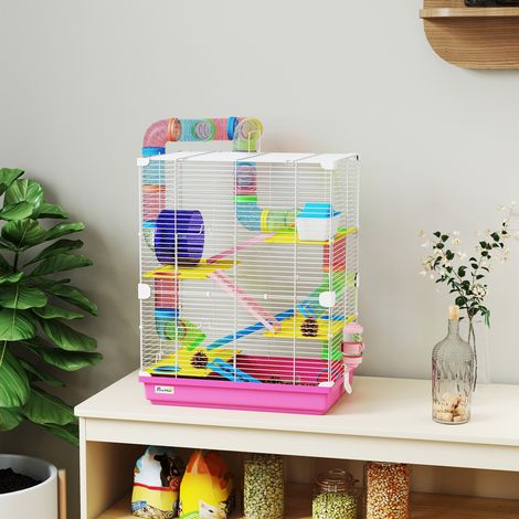 Cage pour Hamster Rongeur 5 Étages avec Tunnels, Mangeoire, Roue, Maison, Échelles, 46 x 30 x 58 cm, Rose