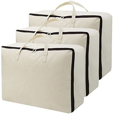 Ensemble de 3 Sacs de Rangement en Toile de Coton Naturel, Poches de Transport Souple et Respirante avec Poignées, Couleur Beige (1/3)