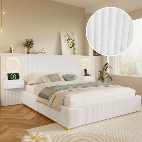 Cama tapizada 180x200 cm con cabecero LED, puertos USB y mesitas con cajones, terciopelo beige (1/5)