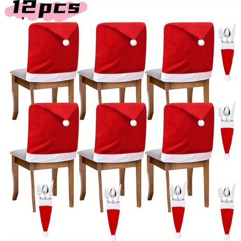 Ensemble de 12 Housses de Chaise & Couverts de Noël - Design Chapeau de Père Noël Rouge Festif pour Décoration de Fête et Repas, Comprend 6 Housses de (1/5)