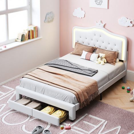 Letto per bambini 140x200 cm - tessuto in PU - Cassetti e LED - Rete a 12 doghe - letto matrimoniale 140x200 cm - Bianco (1/5)