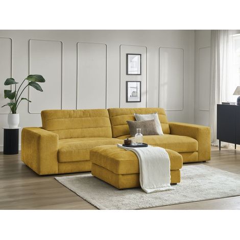 BOBOCHIC - Canapé droit fixe 3 places SIERRA tissu texturé avec pouf   Jaune (1/5)