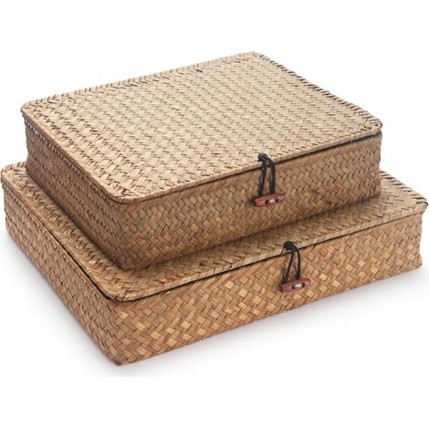 APEX Panier de rangement rectangulaire avec couvercle, panier de rangement en rotin tressé et algues, lot de 2 (grand + petit)