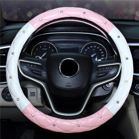 Volant Voiture Femme Rose Blanc Strass Diamant, Housse Volant Universelle 15 Pouces, Crystal Bling Accessoire Auto, Garniture Luxe pour Conduite (1/3)