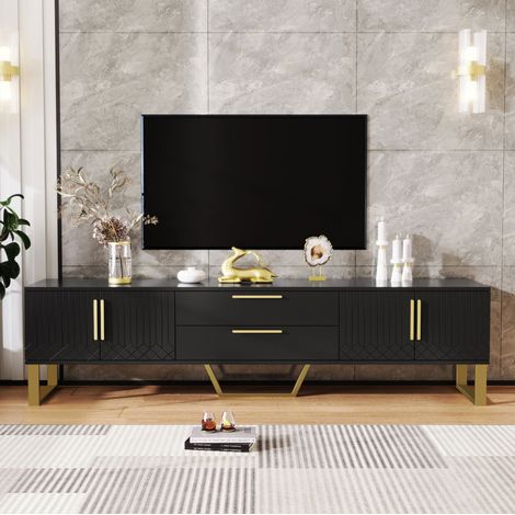 TV Schrank (170x40x53.5 cm), mit 4 Türen und mittigen Schubladen, Hochglanz, MDF, Schwarz und Gold (1/5)