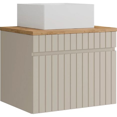 Meuble de salle de bain suspendu strié beige avec vasque à poser carrée - 60 cm - SATARA (1/5)