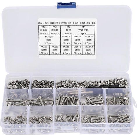 662-teiliges DIY-Kombinationsset: M3-Linsenkopf-Kreuzschlitzschraube + flache elastische Unterlegscheibe + Mutter
