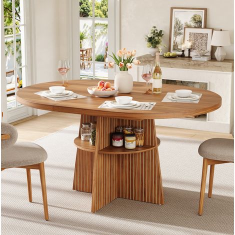 Mesa de comedor redonda extensible 110-150 x 110 x 77,5 cm, para 2-8 personas, MDF, nogal OKMYHOME (1/5)