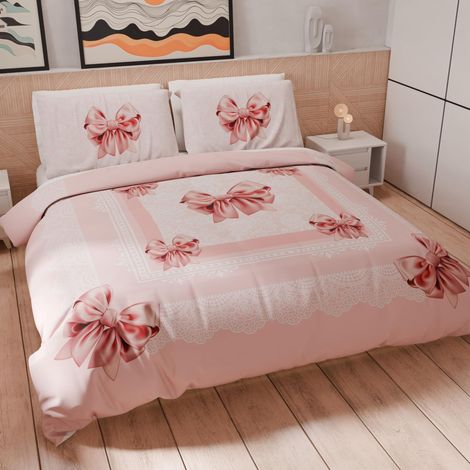 Housse de Couette King Size 260x220 cm (2 Taies 75x50 cm Incluses), Parure en Microfibre Imprimée Nœud Rose (1/5)
