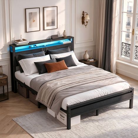 Cadre de lit 2 places 140x200 cm, structure métallique avec tête de lit à rangement, LED intégrée, prises européennes et ports USB, sommier à lattes, lit double design noir bois pour chambre adulte (1/5)