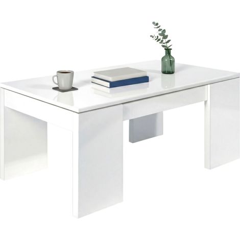 Dmora - Mesa de centro Dgollin, Mesa de centro con tapa elevable, Mesa de centro para la sala de estar, 100x50h43/84 cm, Blanco brillante
