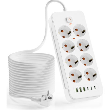 Multiprise avec USB C, avec interrupteur 8 compartiments, câble de 2 m, rallonge avec parasurtenseur, 3840 W/16 A, montage mural, 3USB/3Type-C, blanc (1/5)