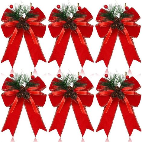 Lot de 6 nœuds de Noël, nœuds en ruban à carreaux avec pommes de pin, décorations pour sapin de Noël (rouge) (1/5)