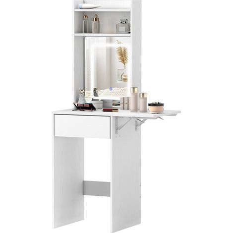 Tocador compacto con espejo e iluminacion led tablero plegable estantes abiertos cajon mdf blanco 227000263 (1/5)