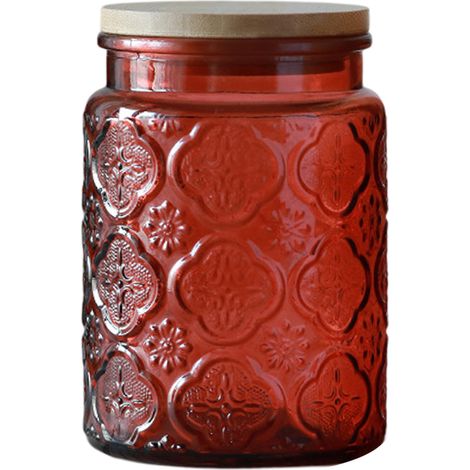 1 bocal en verre, bonbonnière étanche avec couvercle en bambou et joint silicone, 700 ml, 14 x 9,5 cm, rouge (1/5)