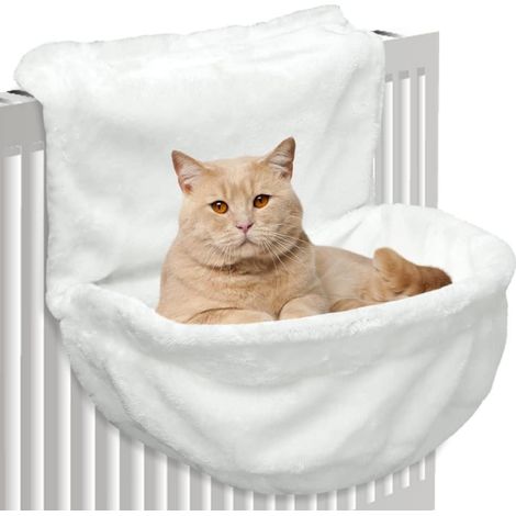 Hamac pour chat suspendu au radiateur avec poches, coussin réversible chaud et confortable pour petits animaux, cadre métal stable 5kg, support réglable 9-12cm (blanc) (1/5)