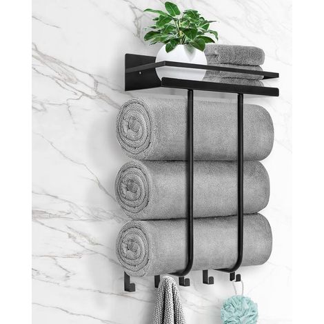 porte-serviettes mural avec étagère en métal et 5 crochets (adapté aux petites salles de bains), porte-serviettes de salle de bain, rangement pour serviettes de bain et porte-rouleau, noir (1/5)