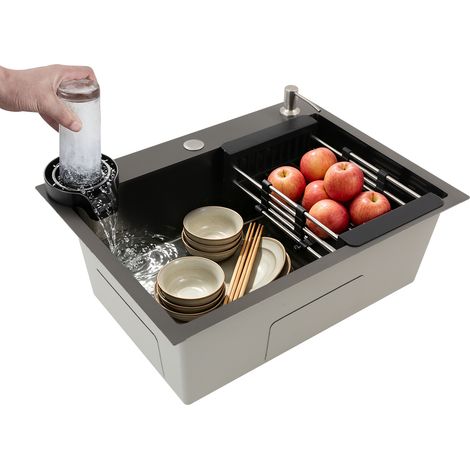 Évier de cuisine 1 bac en acier inoxydable 201 – 60 x 45 cm – Avec distributeur de savon, panier de vidange rétractable et lave-verre (1/5)