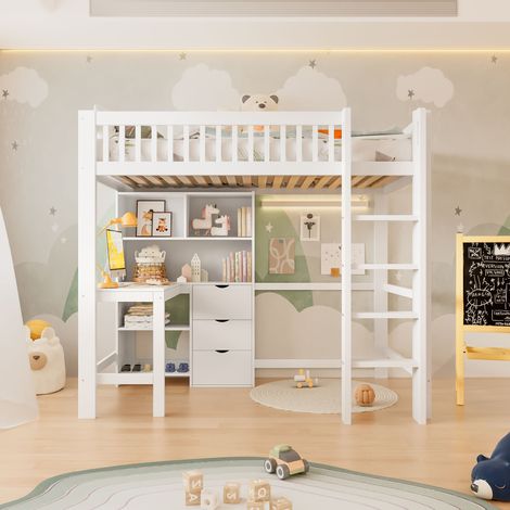 Lit mezzanine,90x200 cm,plusieurs compartiments de rangement,échelle,bureau,3 tiroirs,sans matelas,blanc