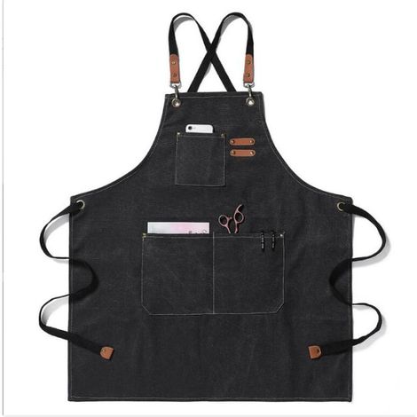 (noir)Tablier en toile, tablier de travail pour hommes et femmes, tablier de chef avec bretelles réglables et 3 poches, tablier de serveur, de cuisine, de pâtisserie, d'artiste, de peinture, dos crois (1/5)