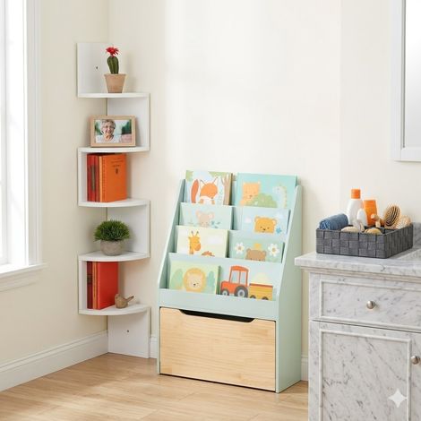 Conjunto de muebles de almacenamiento para el hogar (3 piezas): estantería esquinera blanca, cesta con compartimentos y estantería infantil (1/5)