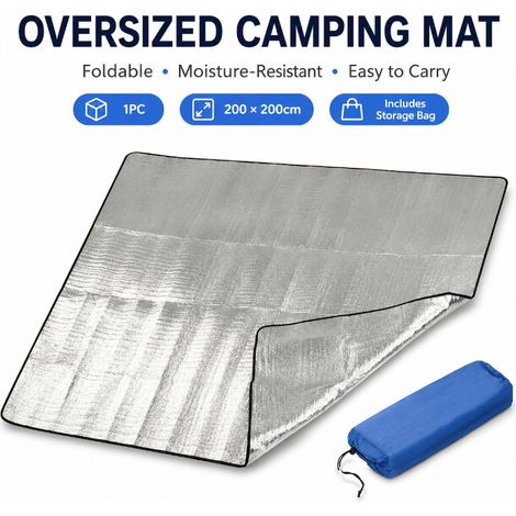 Lot de 1 tapis de camping extra-large (sac de rangement inclus), 200 x 200 cm, feuille d'aluminium et mousse EPE, pliable. (1/5)