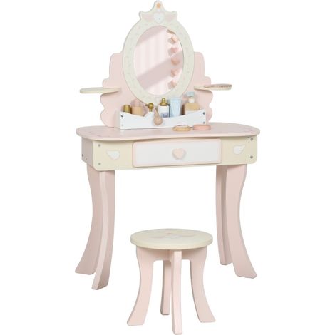 Tocador infantil 2 en 1 con taburete, cajón, espejo desmontable y 7 accesorios, MDF rosa, HOMVRA (1/5)