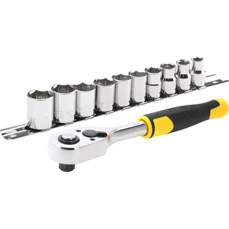 Stanley – Clé à cliquet 72 dents 3/8" – Angle de reprise 5° – Ejection rapide des douilles – Manche bi-matière anti-dérapant – Jeu de 11 pièces