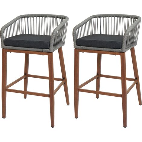 Lot de 2 tabourets de bar Rope HWC-O22, coussins d'extérieur en corde tressée métal aspect (1/5)