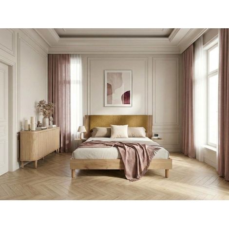 BOBOCHIC - Lit ISYA tissu bouclette avec lattes massives  140x190 Jaune (1/4)