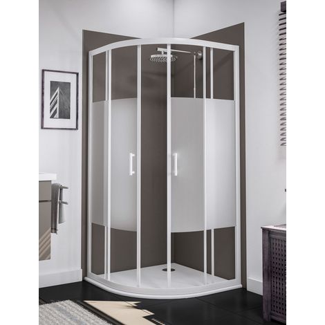 Accès d'angle arrondi 90 x 90 x 190 cm avec portes de douche coulissantes, 5 mm, Sunny, Schulte, verre effet sablé, profilé blanc