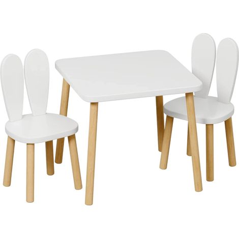 Tavolo in Legno GINGER HOME con 2 Sedie BUNNY per Bambini, per Studio, Disegno, Gioco e Pasti, Bianco (1/5)