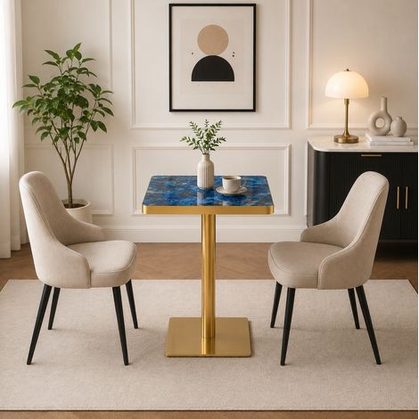 Tavolo da pranzo quadrato 60x60 cm effetto marmo con struttura in metallo blu (1/5)
