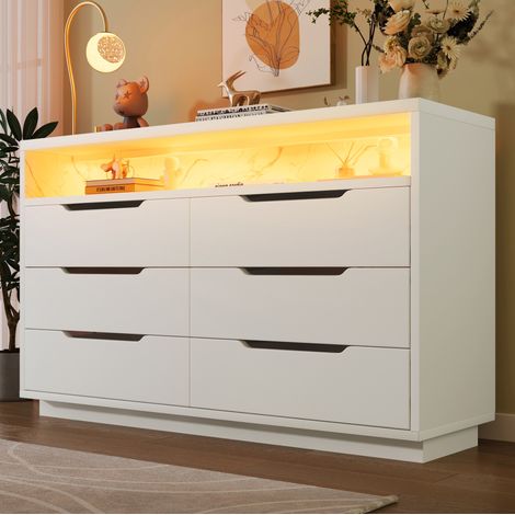 Anrichte aus Spanplatte in Weiß, 120x40x85 cm, mit 6 Schubladen, offenem Fach in Marmoroptik und LED-Beleuchtung (1/5)