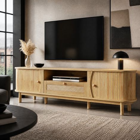 Mueble TV 165x37x46 cm natural MDF con puertas correderas y cajones de ratán (1/5)