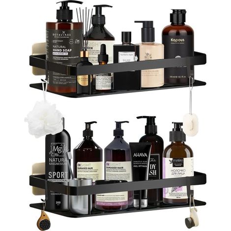 Étagère de douche sans perçage, étagère de salle de bain noire, en aluminium avec 4 crochets et 6 adhésifs, rangement de salle de bain sans perçage, étagère de douche pour cuisine et salle de bain (1/4)