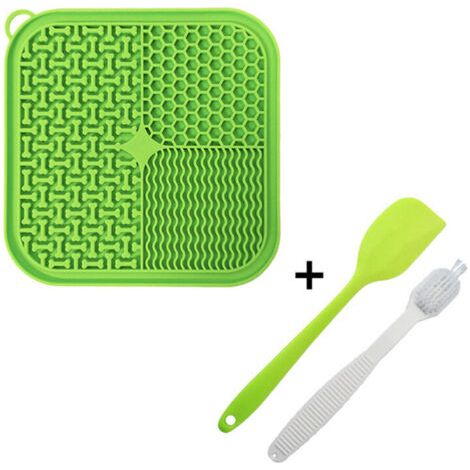 Pair Tapis à lécher pour animaux – Vert – Avec spatule et brosse en silicone (1/3)