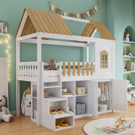 DESVIAE Lit superposé enfant avec rangement armoire fenêtre escalier banc à chaussures maison 90 x 200 cm blanc naturel (1/5)