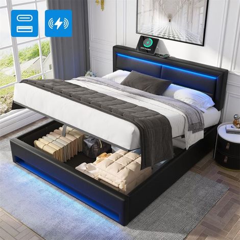 Lit rembourré PU 140x200 avec coffre hydraulique, sommier inclus, LED intégrée et USB — Noir (1/5)