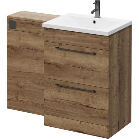 Napoli 460 Tobacco Oak 1100mm 2 Drawer Vanity Unit Toilet Suite with Glide Basin - 1100mm - Gunmetal Grey 320mm HandleWithout Kingston Toilet Pan